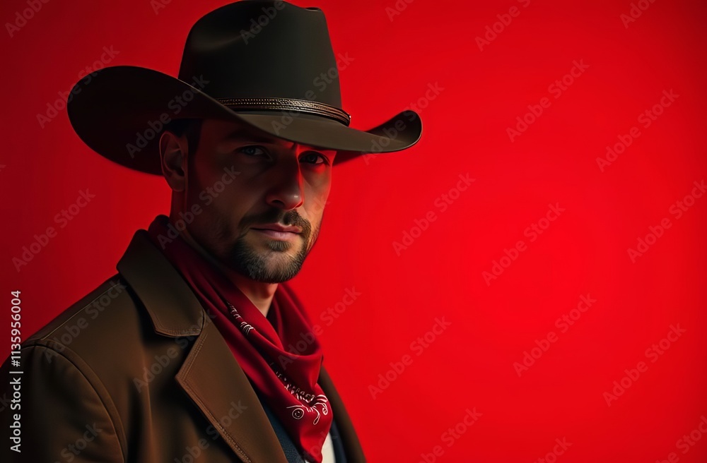 A man dressed in traditional cowboy attire stands against a vibrant red background. His expression is serious, featuring a wide-brimmed hat and a stylish scarf, exuding confidence and charm. A man dressed in traditional cowboy attire stands against a vibrant red background. His expression is serious, featuring a wide-brimmed hat and a stylish scarf, exuding confidence and charm.