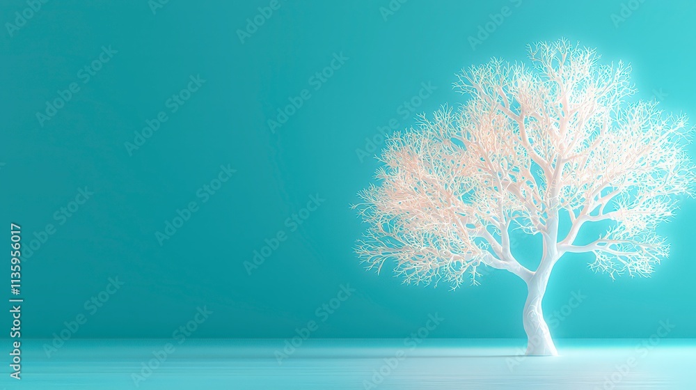 Obraz premium Surreal Glowing Tree Abstract Nature 3D Render Teal Background