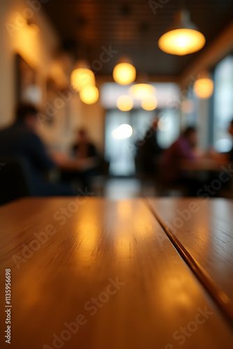 Wallpaper Mural A wooden tabletop in a blur of a busy café is softly illuminated by warm golden lighting._00030_ Torontodigital.ca