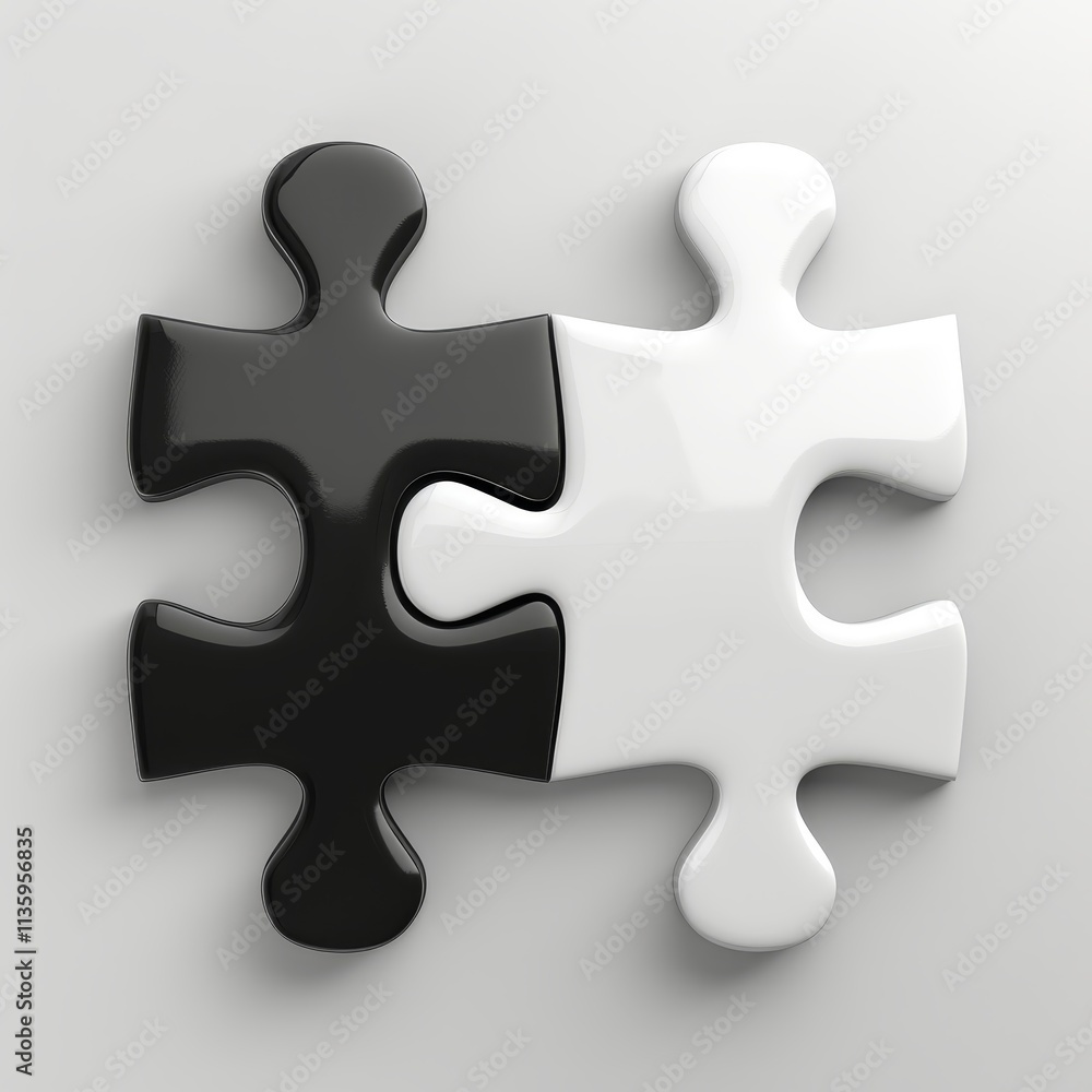 Two interlocking puzzle pieces, one black and one white, demonstrate the concept of unity and contrast. This image symbolizes cooperation despite differences, evoking thoughts of balance. Two interlocking puzzle pieces, one black and one white, demonstrate the concept of unity and contrast. This image symbolizes cooperation despite differences, evoking thoughts of balance.