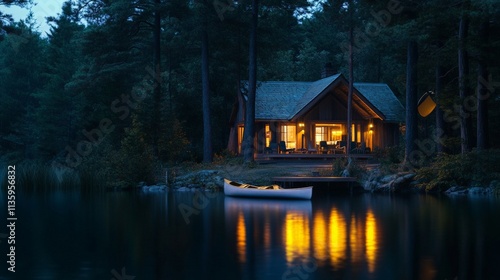 A cozy cabin by the lake at twilight, warm lights glowing, surrounded by tall trees, creating a serene and peaceful atmosphere.