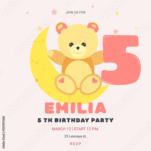 Invitation childrens birthday party with cute bear and number. Celebration fifth birthday. Moon and stars. Greeting card template for children. Vector illustration.