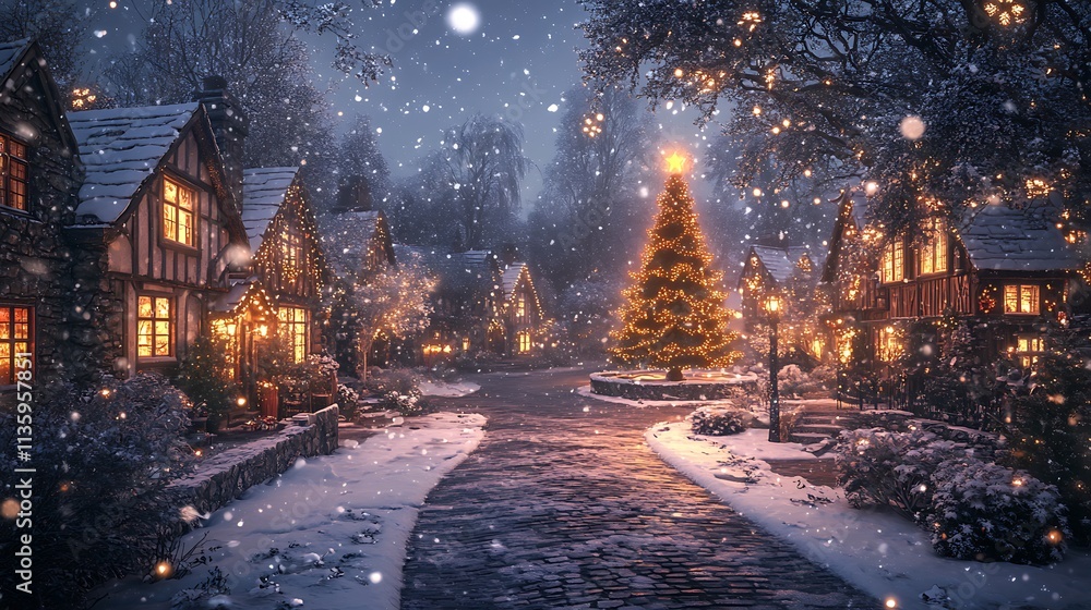 A festive snowy village with a Christmas tree glowing in the square, cozy cottages with frosted windows glowing warmly, snow gently falling, and cobblestone streets reflecting the soft holiday lights, A festive snowy village with a Christmas tree glowing in the square, cozy cottages with frosted windows glowing warmly, snow gently falling, and cobblestone streets reflecting the soft holiday lights,