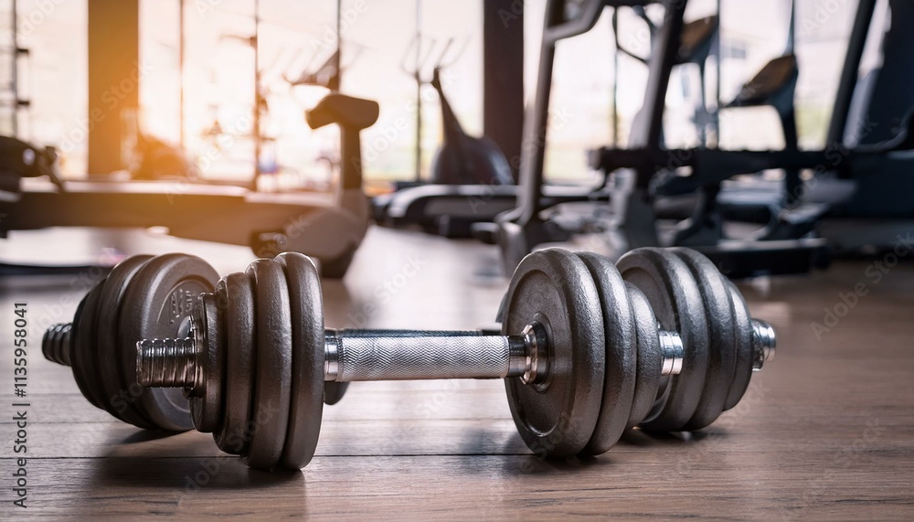 Fototapeta premium Dumbbells on the Floor in a Stylish 3D Rendered Fitness Space