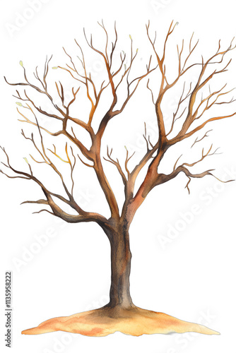 A tree with brown branches and leaves is depicted in a watercolor painting