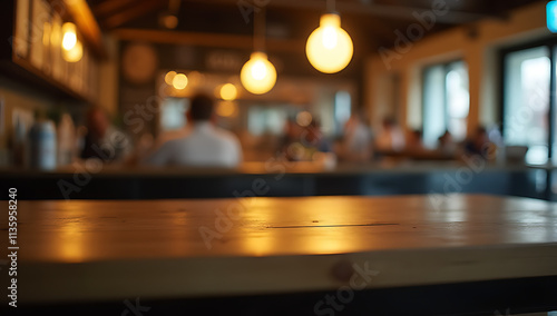 Wallpaper Mural A wooden table sits atop a blurred counter in a busy cafe, with a lone light bulb shining brightly behind it._00002_ Torontodigital.ca