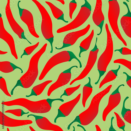 Seamless pattern with hand drawn red chili pepper on green background. Design for fabric, kitchen decor, wallpaper packaging paper.