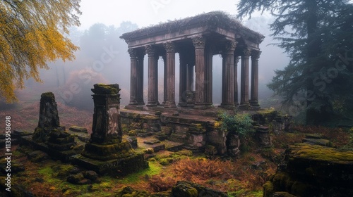 Ancient ruins stand tall in misty forest, surrounded by lush greenery and autumn leaves. A peaceful and mysterious atmosphere prevails.