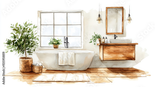 Wallpaper Mural Watercolor painting of serene bathroom with natural decor Torontodigital.ca