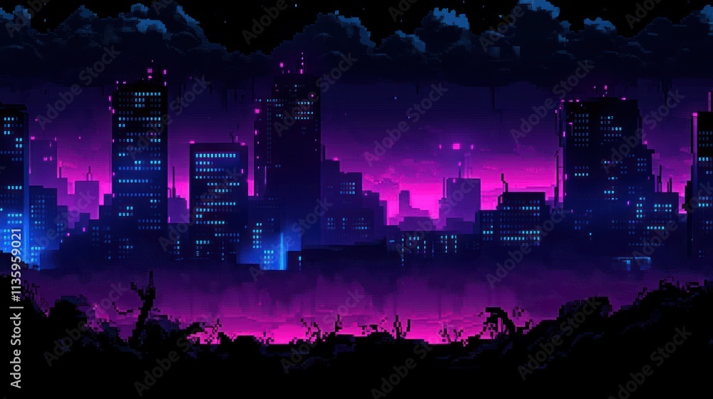 Fototapeta premium A dark city skyline with tall buildings neon light