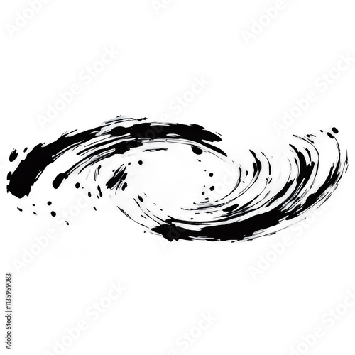 The image is a black and white drawing of a wave with splatters of paint. Isolated on transparent background. photo