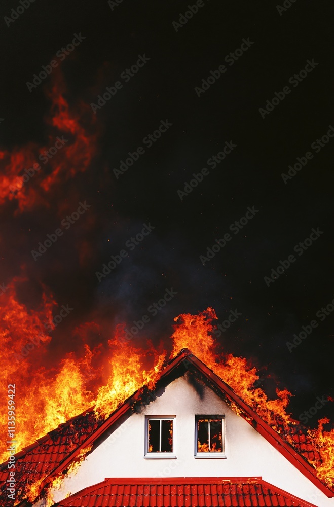 Fiery House Inferno Blaze Night Dramatic Burning Roof Fiery House Inferno Blaze Night Dramatic Burning Roof