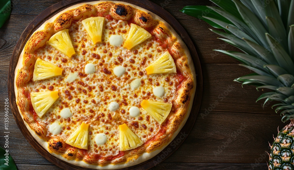 Delicious Hawaiian Pizza with Pineapple and Cheese on Wooden Table Delicious Hawaiian Pizza with Pineapple and Cheese on Wooden Table