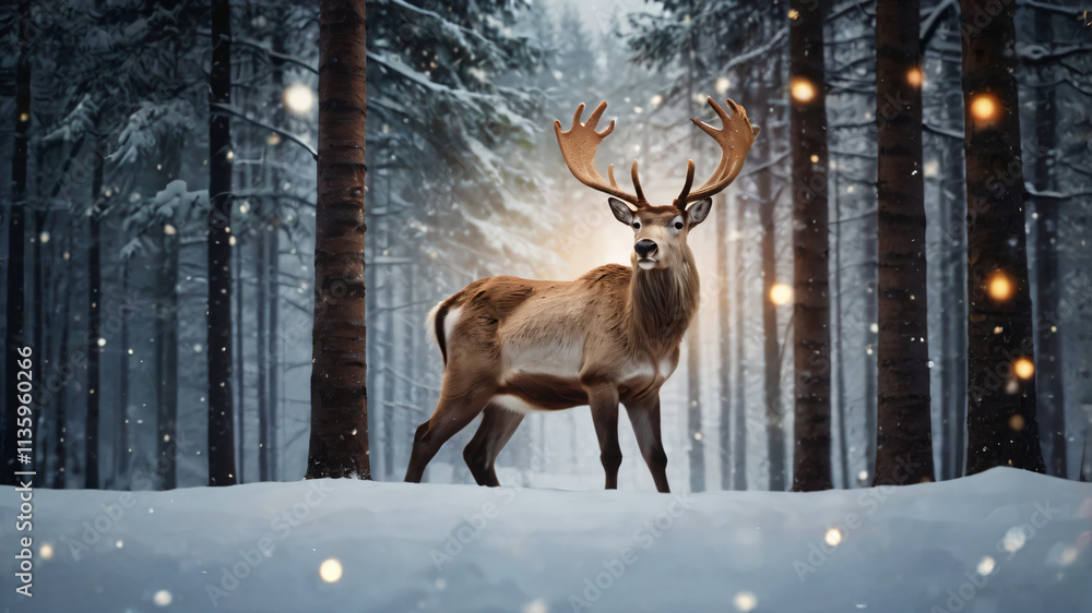 Christmas banner with a close up magical scene of a reindeer in center in snowy forest with Christmas trees with lights and stars with copy space Christmas banner with a close up magical scene of a reindeer in center in snowy forest with Christmas trees with lights and stars with copy space