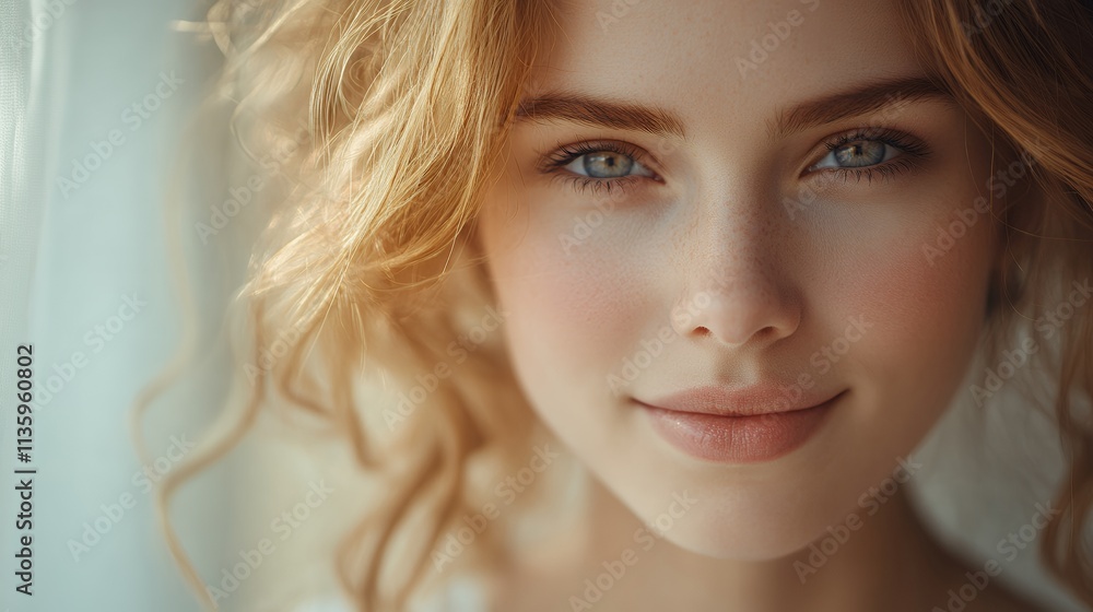 Close-up portrait of a young woman with beautiful curly blonde hair and bright blue eyes. She has a soft, serene smile. The lighting is warm and soft.
