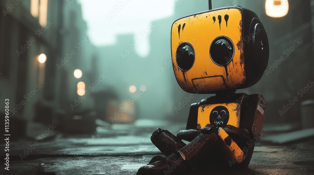 Lonely Robot Sitting in Empty Alley Lonely Robot Sitting in Empty Alley