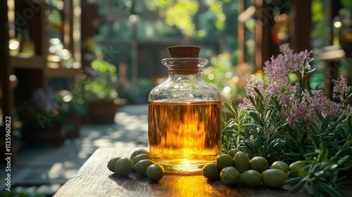 Golden olive oil in glass bottle with olives and herbs. photo