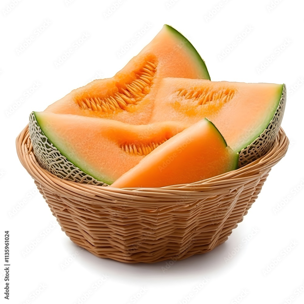 Fresh Slices of Juicy Orange Melon in a Natural Woven Basket Ready for Summer Enjoyment Fresh Slices of Juicy Orange Melon in a Natural Woven Basket Ready for Summer Enjoyment