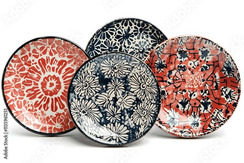 Vibrant Floral Dinnerware Set: A collection of four unique and colorful ceramic plates with intricate floral patterns. Crafted with a blend of red, blue, and white hues.