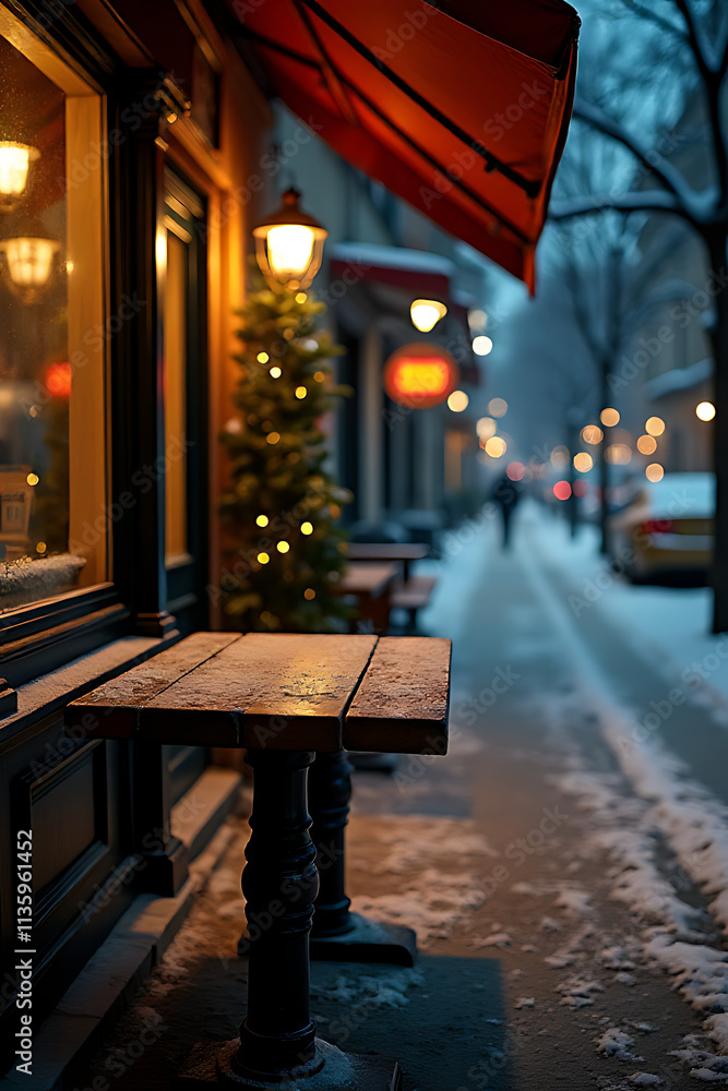 Obraz premium A weathered wooden table stood alone on a snowy street outside a quiet café at night in the city._00002_