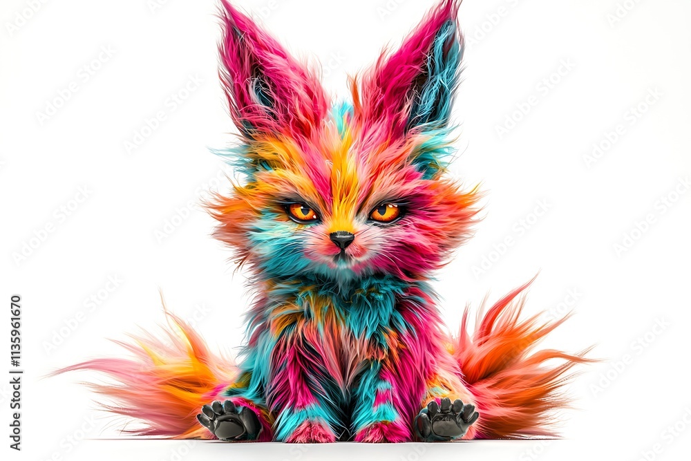 Fototapeta Rainbow Furry Fox: A vibrant, colorful fox with rainbow fur, sitting against a white background.  The image is playful, imaginative and perfect for projects needing a touch of whimsy. 