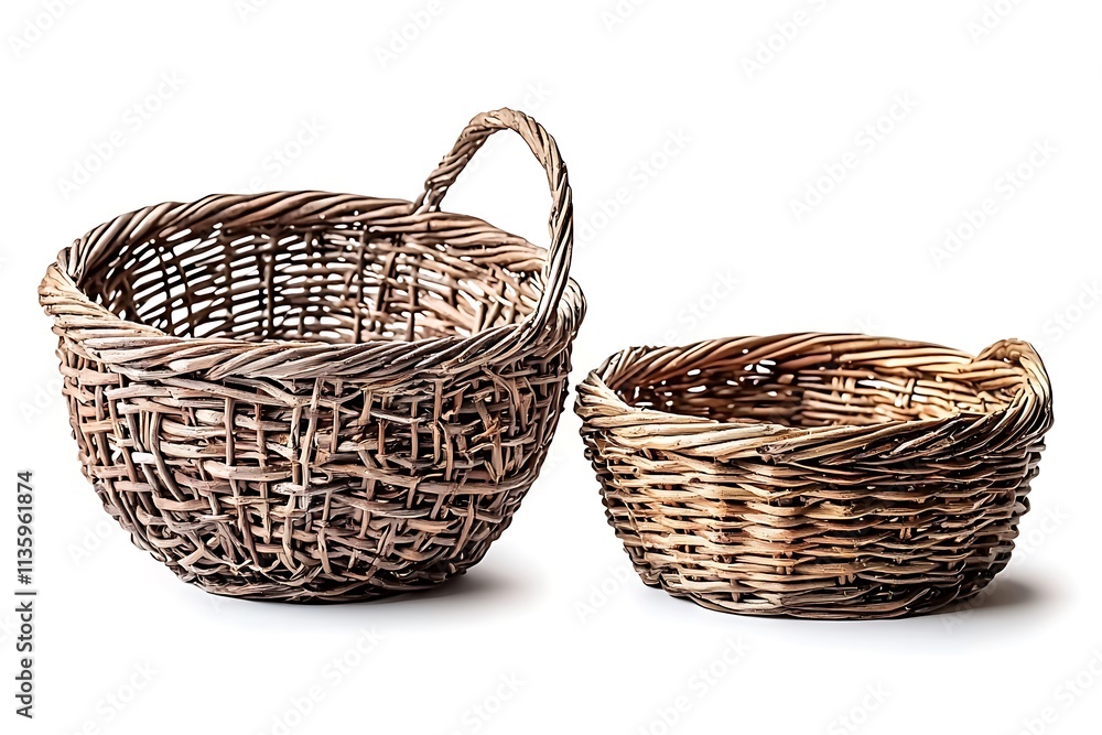 Obraz premium Rustic Charm: Two woven wicker baskets, one large with a handle, the other smaller, offer a touch of farmhouse elegance. Ideal for showcasing artisan crafts, home decor, or rustic-themed products.