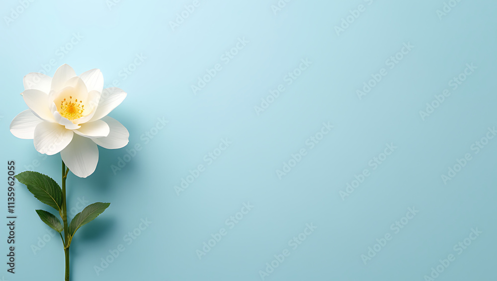Obraz premium A stylized flower is placed against a soothing blue background, leaving ample negative space for elegant feminine design elements to be layered._00001_