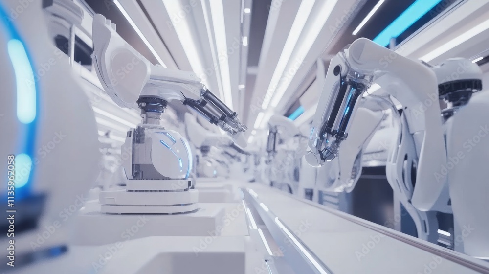 Automated Manufacturing Process in a Futuristic Factory. High-tech robotic arms on an assembly line. Modern industrial technology at work. A glimpse into the future of manufacturing. Automated Manufacturing Process in a Futuristic Factory. High-tech robotic arms on an assembly line. Modern industrial technology at work. A glimpse into the future of manufacturing.