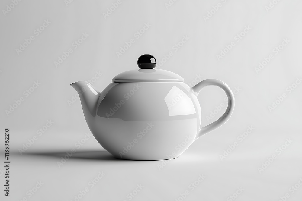 Simple Elegance: A pristine white teapot with a sleek, minimalist design and a small black knob on the lid, sits against a subtle light gray backdrop. Simple Elegance: A pristine white teapot with a sleek, minimalist design and a small black knob on the lid, sits against a subtle light gray backdrop.
