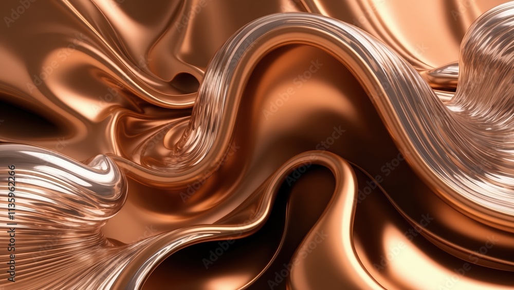 Fototapeta premium Glossy copper fabric with flowing waves, reflecting light and creating a luxurious, smooth texture. Ideal for backgrounds or abstract designs.