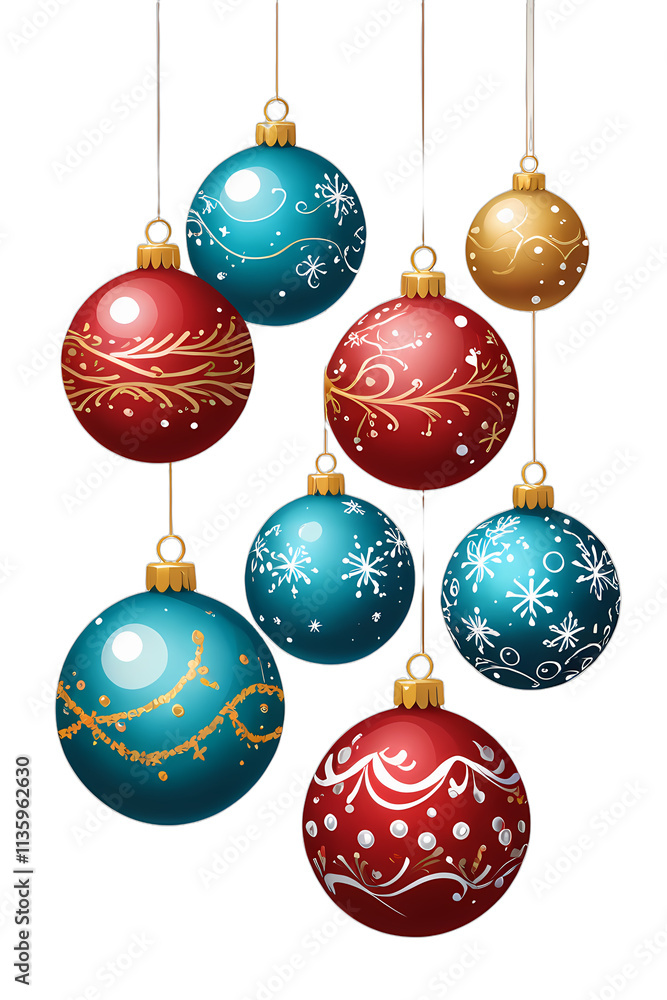 A string of animated red and blue Christmas ornaments on a white background creates a festive scene.