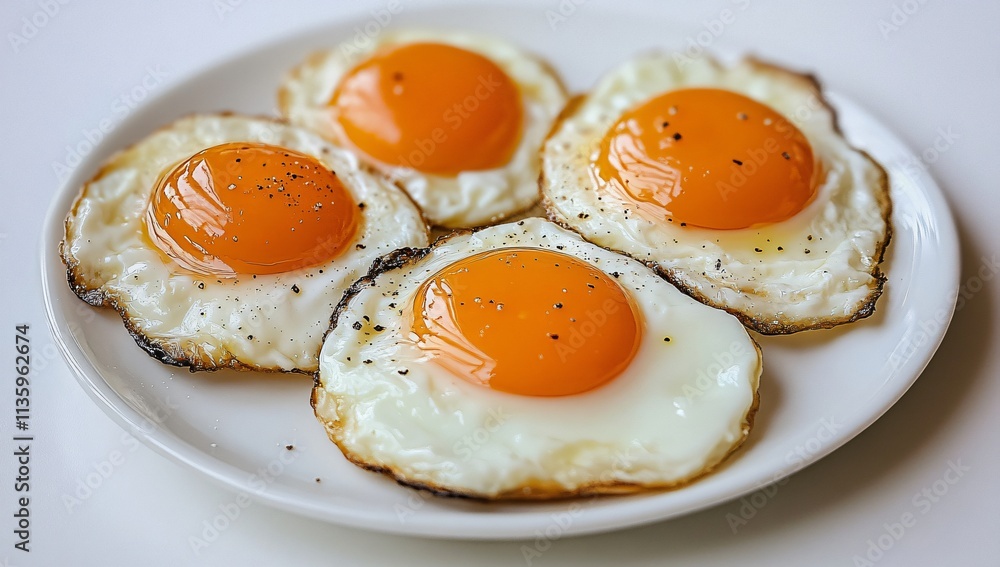 Four Sunny Side Up Fried Eggs on Plate Closeup Four Sunny Side Up Fried Eggs on Plate Closeup