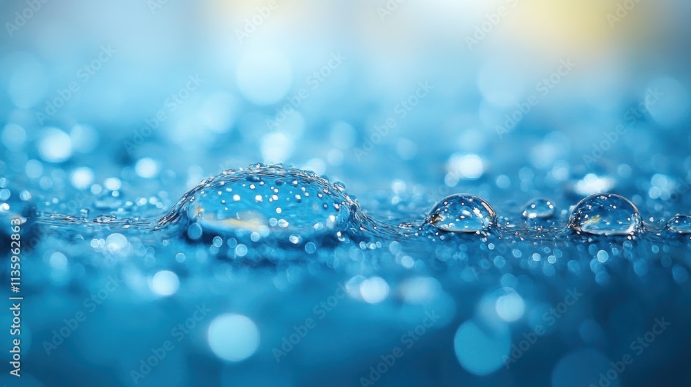 Macro shot of water droplets on a blue surface with bokeh effect. Macro shot of water droplets on a blue surface with bokeh effect.
