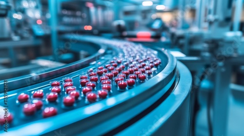 Automated Pharmaceutical Production Line with Red Pills. High-Tech Manufacturing Process for Medicine Production. Modern Pharmacy Industry. Conveyor Belt with Capsules in a Pharmaceutical Factory.