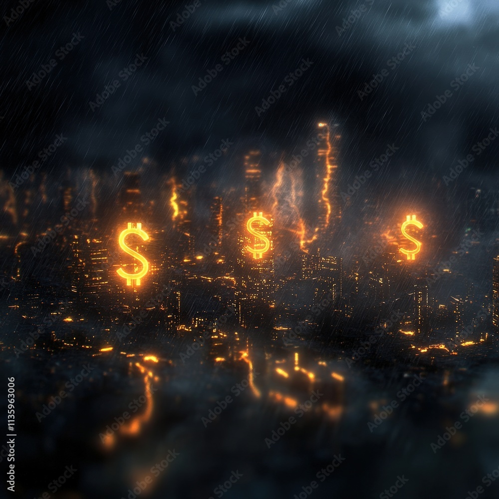 A dramatic cityscape illuminated by fiery dollar signs, set against a dark, smoky background, evoking themes of wealth and destruction. A dramatic cityscape illuminated by fiery dollar signs, set against a dark, smoky background, evoking themes of wealth and destruction.