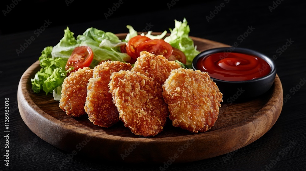 Crispy Fried Chicken Bites with Fresh Salad and Tomato. A Perfect Meal for a Quick Bite.
