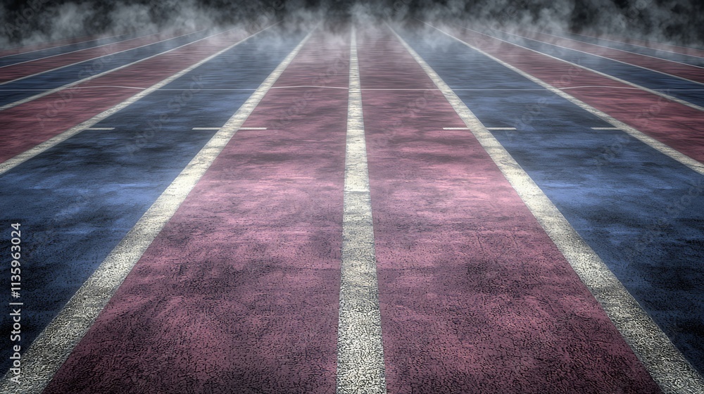 Fototapeta premium Race Track Perspective: An atmospheric, low-angle perspective captures a race track's lines and lanes receding into the distance with a smoky effect.