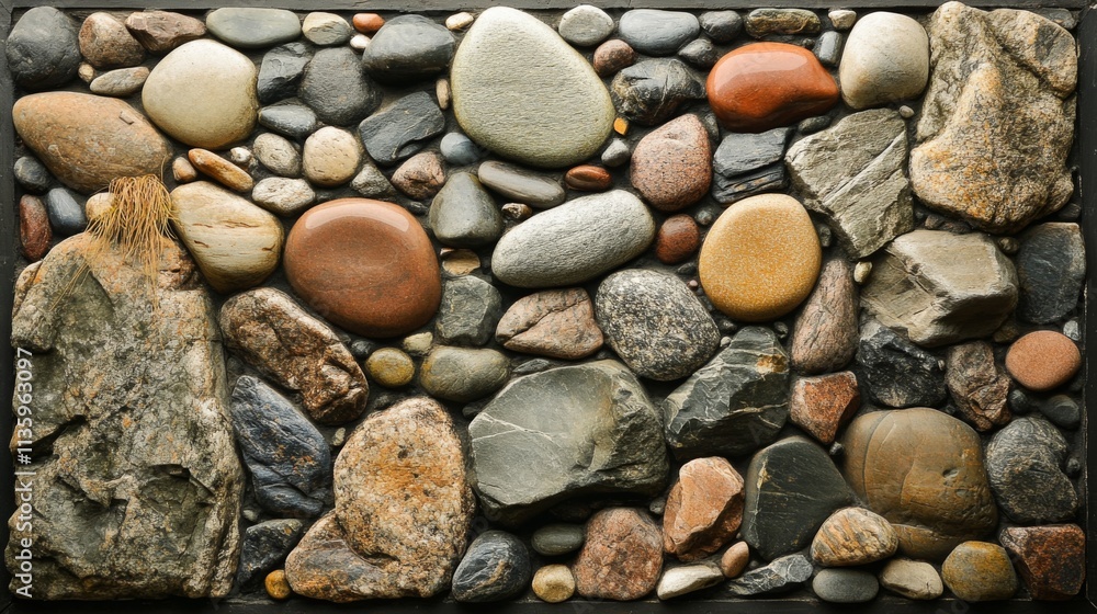 A captivating mosaic wall of diverse stones. A stunning display of natural textures and colors. Perfect for modern homes or gardens A captivating mosaic wall of diverse stones. A stunning display of natural textures and colors. Perfect for modern homes or gardens