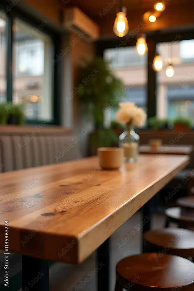 A rustic wooden tabletop complements a light gold tone in a cozy café or restaurant setting effectively._00026_ A rustic wooden tabletop complements a light gold tone in a cozy café or restaurant setting effectively._00026_
