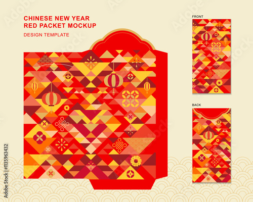 chinese new year red envelope design with abstract pattern, golden coin, firework, lantern, chinese knot and cherry blossom