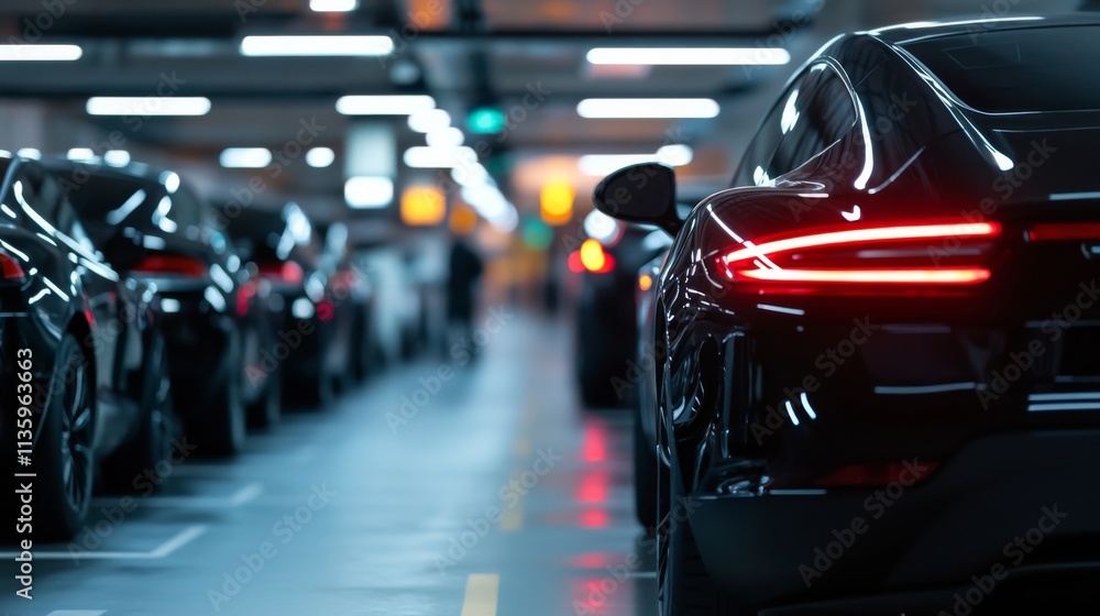 Elegant cars parked in a stylish garage, showcasing modern designs and sleek tail lights. A captivating view of vehicles in a well-lit parking area. Elegant cars parked in a stylish garage, showcasing modern designs and sleek tail lights. A captivating view of vehicles in a well-lit parking area.