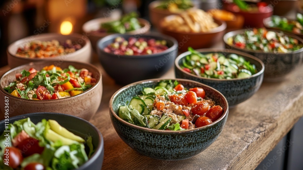A Colorful Buffet of Fresh Salads and Bowls, Perfect for a Healthy Meal A Colorful Buffet of Fresh Salads and Bowls, Perfect for a Healthy Meal