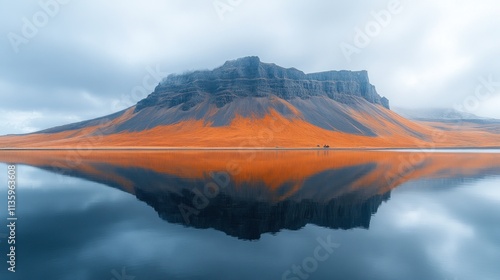 Majestic mountain reflected in a calm lake, autumn colors, dramatic sky. photo