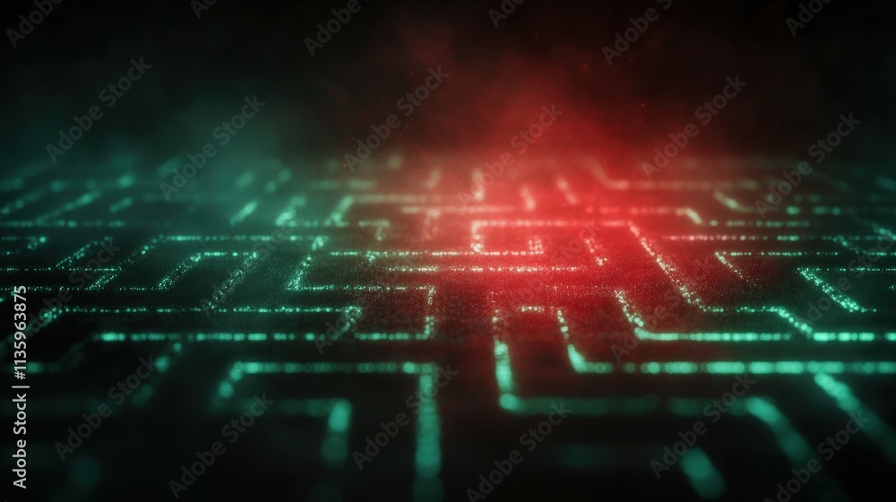 Obraz premium A digital maze design featuring glowing green and red patterns, set against a dark background, creating a mysterious and futuristic atmosphere.