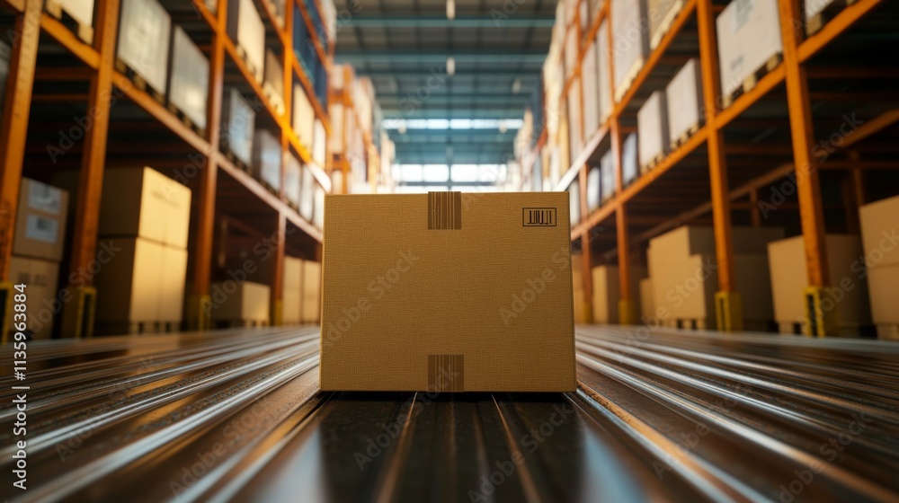 A Cardboard Box on a Conveyor Belt in a Modern Warehouse. Logistics and Supply Chain Efficiency in a Busy Factory. Goods Transportation and Distribution A Cardboard Box on a Conveyor Belt in a Modern Warehouse. Logistics and Supply Chain Efficiency in a Busy Factory. Goods Transportation and Distribution