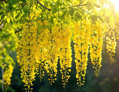Golden Shower Tree, Yellow Flowers, Spring Bloom, Sunny Day, Floral Beauty, Nature Photography, Botanical Garden, Hanging Flowers