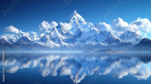 Majestic snow-capped mountain peak reflected in a tranquil lake under a vibrant blue sky.