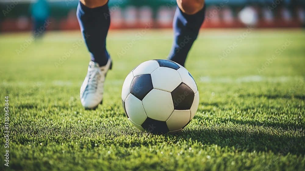 Fototapeta premium CloseUp of Soccer Player Dribbling Ball on Green Grass Field : Generative AI