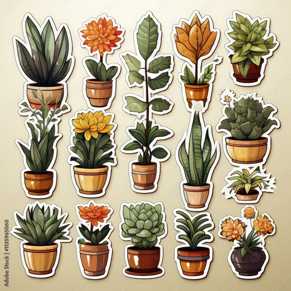 Fototapeta premium Aesthetic Plant Sticker Sheet in Flat Vector Design
