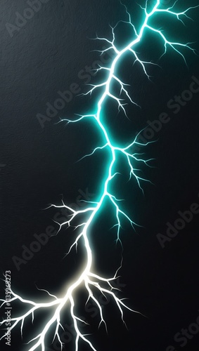 Electric blue lightning bolt striking against a dark background, showcasing intricate branching patterns and energy movement. Ideal for technology and nature themes photo